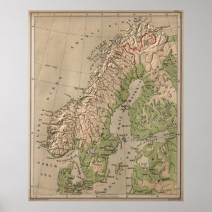 Poster Mapa físico do vintage de Noruega e de suecia