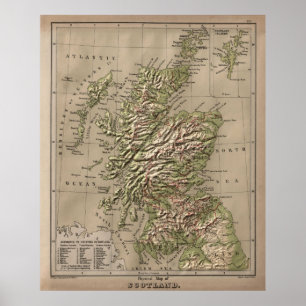 Poster Mapa físico do vintage de Scotland (1880)