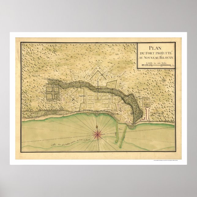 Poster Mapa Fortificado de Biloxi Mississippi 1721 (Frente)