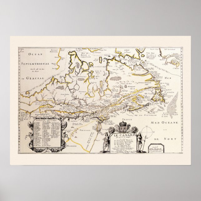 Poster Mapa Francês do Canadá (Quebec) por Champlain 1677 (Frente)