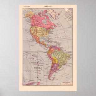 Poster Mapa francês do vintage, 1920, os Americas