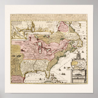 Pôster Mapa francês medieval de Quebec/Nova França Améric