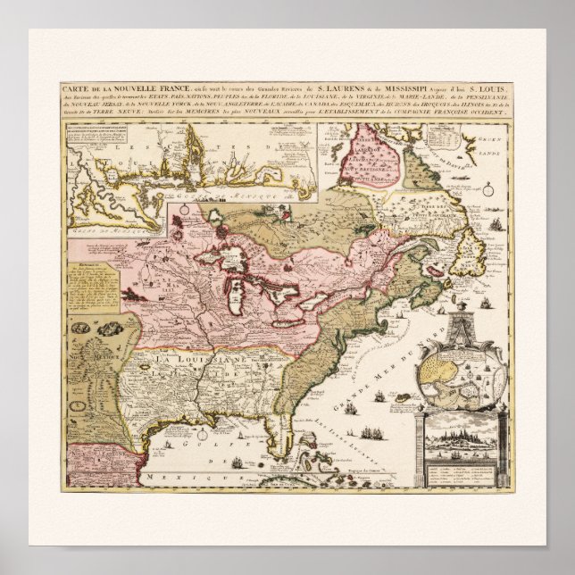 Pôster Mapa francês medieval de Quebec/Nova França Améric (Frente)