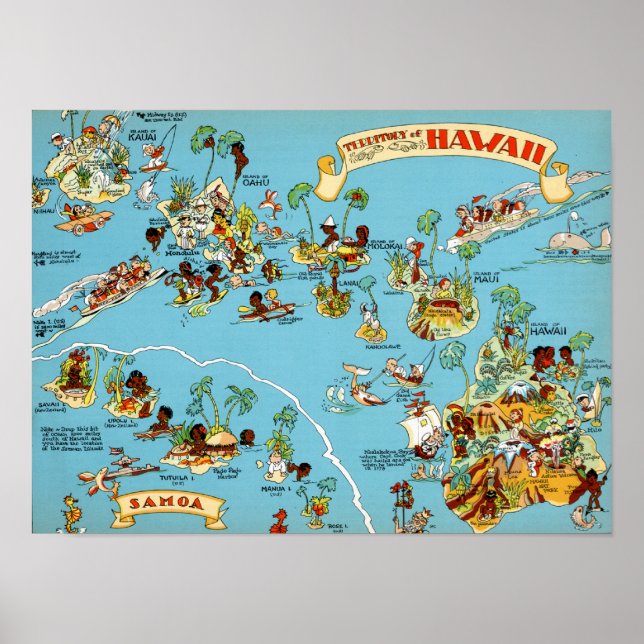 Pôster Mapa Funny Hawaii (Frente)