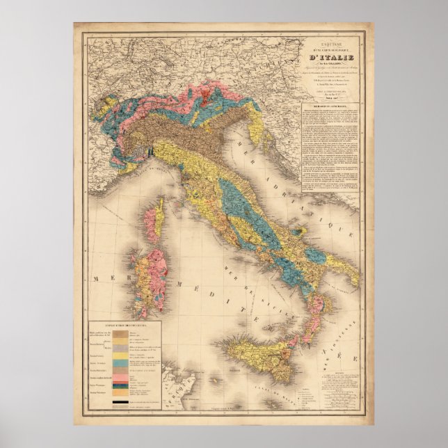 Poster Mapa Geológico de Vintage Itália (1844) (Frente)