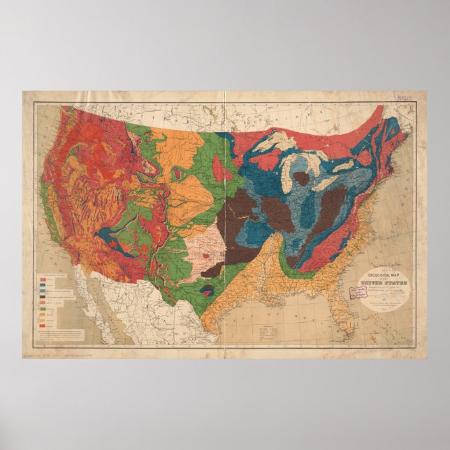 Pôster Mapa Geológico de Vintage nos Estados Unidos (1872 (Frente)