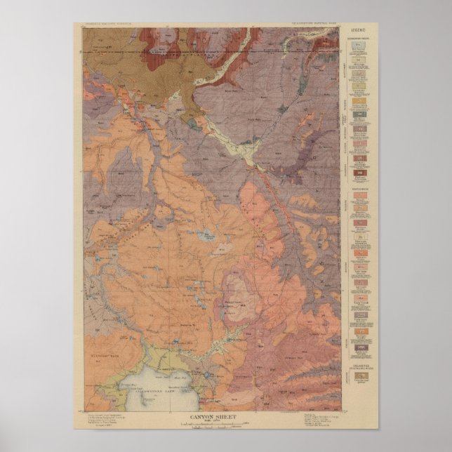Poster Mapa Geológico, Parte Nacional Yellowstone, Wyomin (Frente)