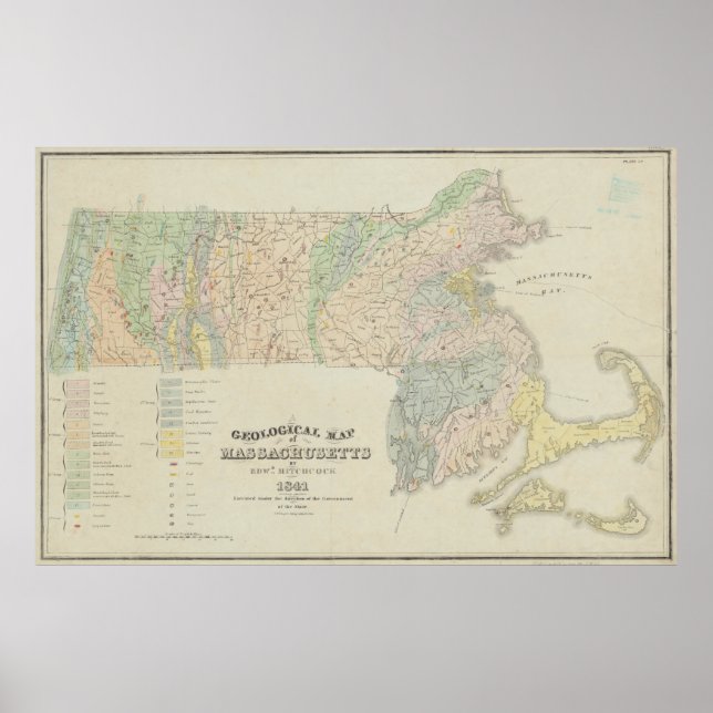 Poster Mapa Geológico Vintage de Massachusetts (1841) (Frente)