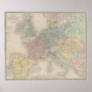 Pôster Mapa geral de estradas de ferro européias