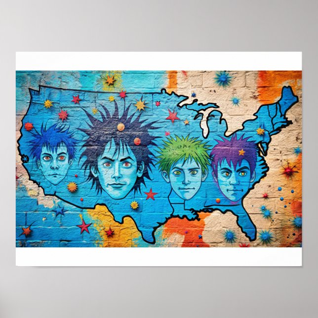 Poster Mapa Grafitti Watercolor USA (Frente)
