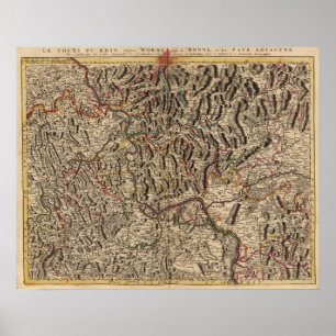 Pôster Mapa gravado do vale de Rhine River