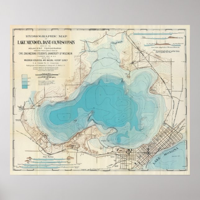 Pôster Mapa hidrográfico Lago Mendota (Frente)