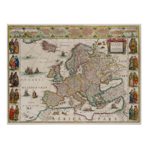 Pôster Mapa histórico da Europa (por Willem Blaeu)