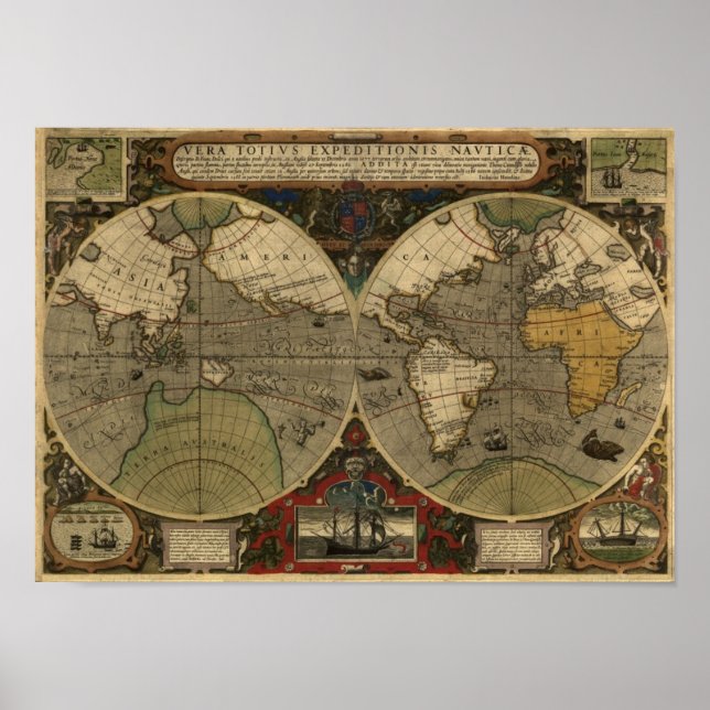 Pôster Mapa histórico de 1595 do Mapa Mundial de Honrados (Frente)