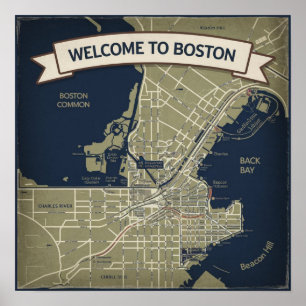 Poster Mapa Histórico de Boston Vintage, Bem-vindo a Bost