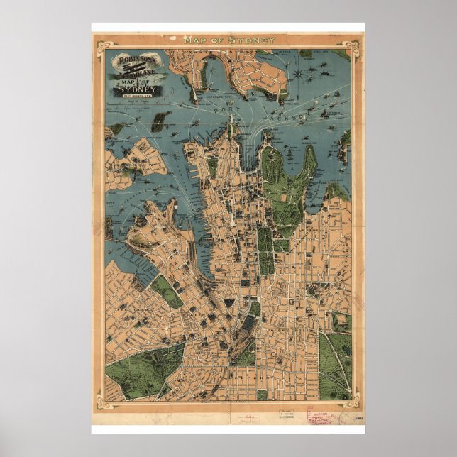 Pôster Mapa histórico de Sydney Austrália 1922 (Frente)