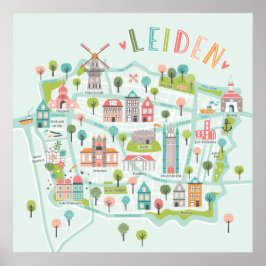Poster Mapa Ilustrado da Cidade de Leiden no fundo da cas