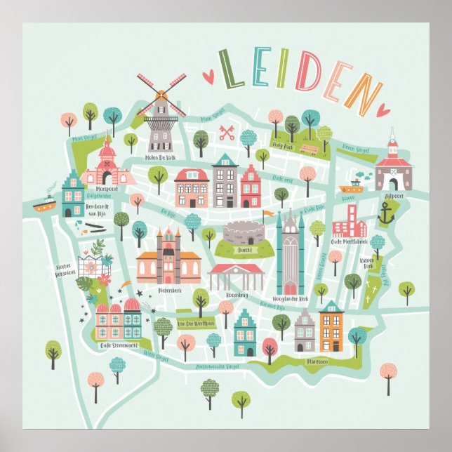 Poster Mapa Ilustrado da Cidade de Leiden no fundo da cas (Frente)