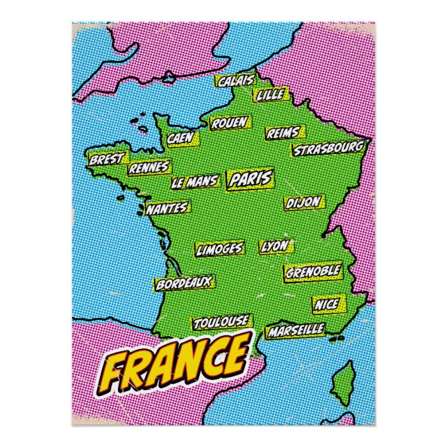 Pôster Mapa ilustrado da França em Pop Art (Frente)