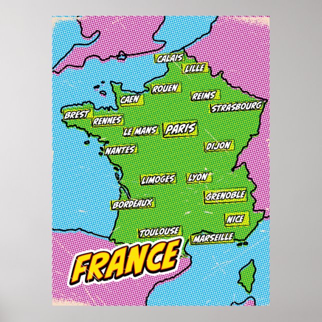 Poster Mapa ilustrado da França em Pop Art (Frente)