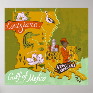 Poster Mapa ilustrado da Louisiana: destaques de viagem.