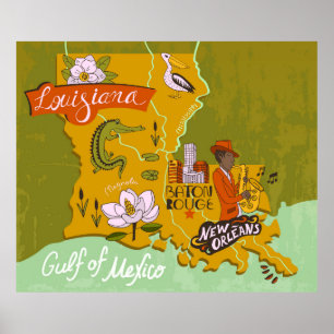 Poster Mapa ilustrado da Louisiana, EUA. Viagem e attr
