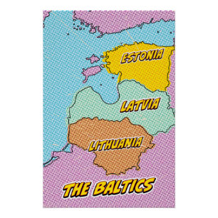 Pôster Mapa ilustrado da Pop Art dos Estados Bálticos