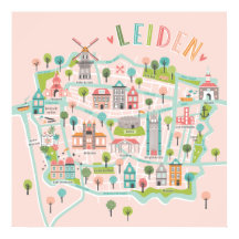 Mapa Ilustrado de Cidade de Leiden rosa