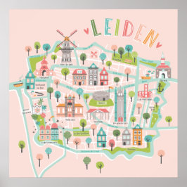 Poster Mapa Ilustrado de Cidade de Leiden rosa