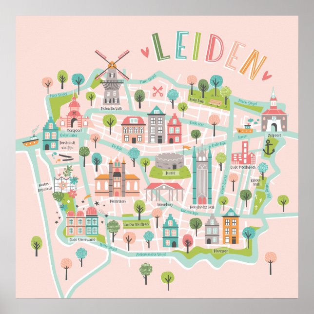 Poster Mapa Ilustrado de Cidade de Leiden rosa (Frente)