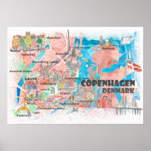 Poster Mapa ilustrado de Copenhaga Dinamarca com Estradas