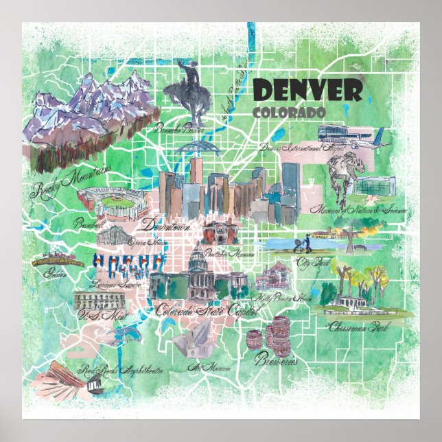 Poster Mapa Ilustrado de Denver Colorado USA com Estrada  (Frente)