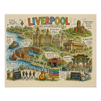 Pôster Mapa Ilustrado de Liverpool: Pontos Turísticos e M