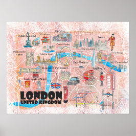 Poster Mapa Ilustrado de Londres no Reino Unido com Ponto