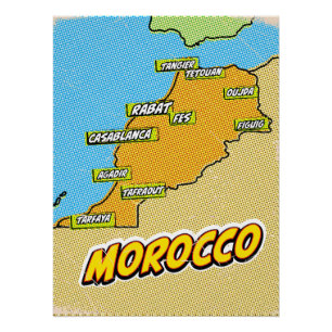 Pôster Mapa ilustrado de Marrocos em Pop Art