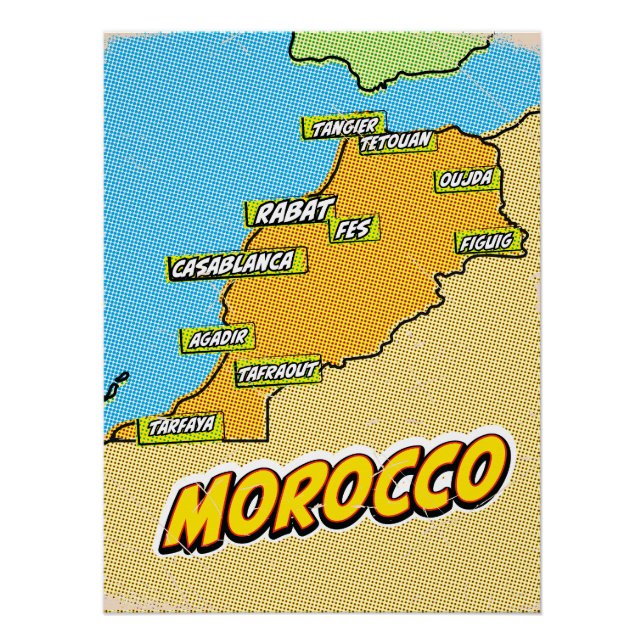 Pôster Mapa ilustrado de Marrocos em Pop Art (Frente)