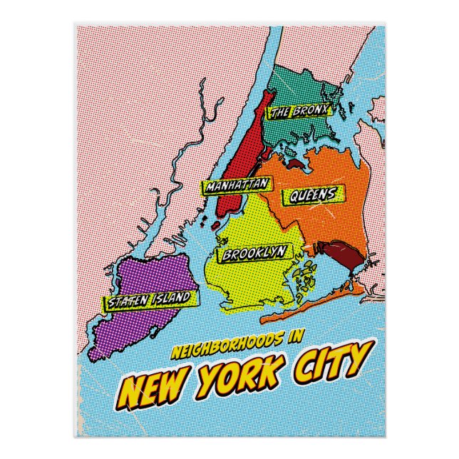 Pôster Mapa ilustrado de Nova York em Pop Art (Frente)