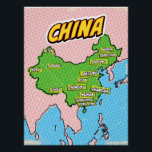 Pôster Mapa ilustrado de pop Art na China<br><div class="desc">Pop Art Ilustrou o mapa asiático da China em um belo estilo vestido na safra.</div>