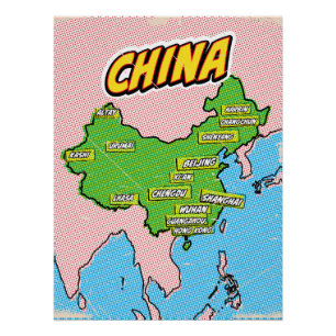 Pôster Mapa ilustrado de pop Art na China
