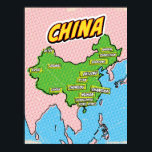 Poster Mapa ilustrado de pop Art na China<br><div class="desc">Pop Art Ilustrou o mapa asiático da China em um belo estilo vestido na safra.</div>
