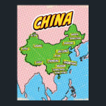 Poster Mapa ilustrado de pop Art na China<br><div class="desc">Pop Art Ilustrou o mapa asiático da China em um belo estilo vestido na safra.</div>