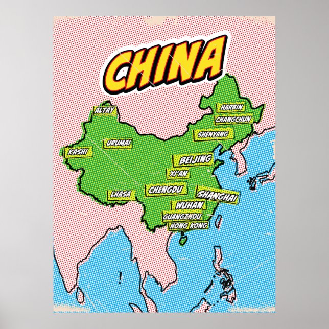 Poster Mapa ilustrado de pop Art na China (Frente)