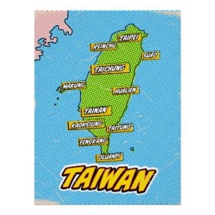 Pôster Mapa ilustrado de Taiwan em Pop Art