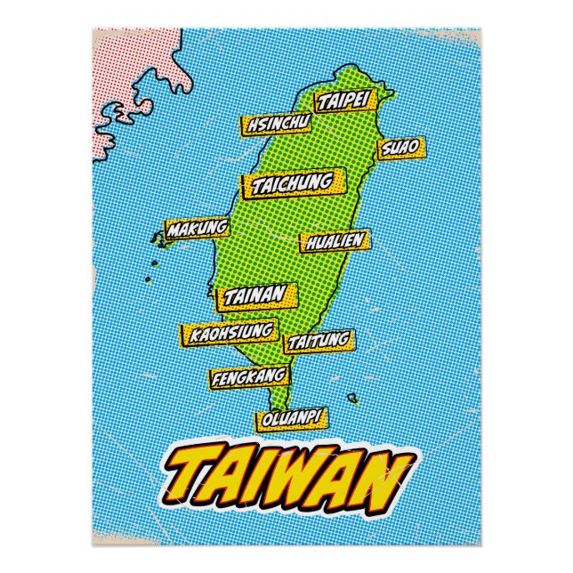 Pôster Mapa ilustrado de Taiwan em Pop Art (Frente)