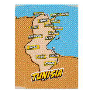 Pôster Mapa ilustrado de Tunísia em Pop Art