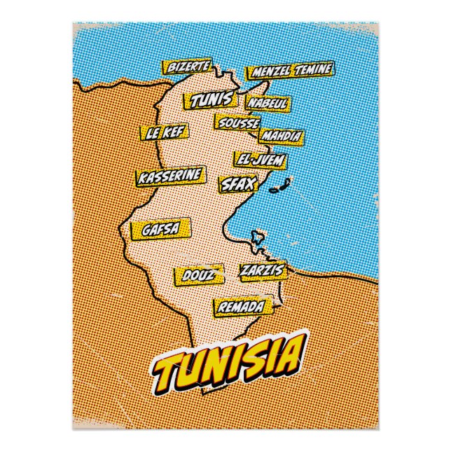 Pôster Mapa ilustrado de Tunísia em Pop Art (Frente)