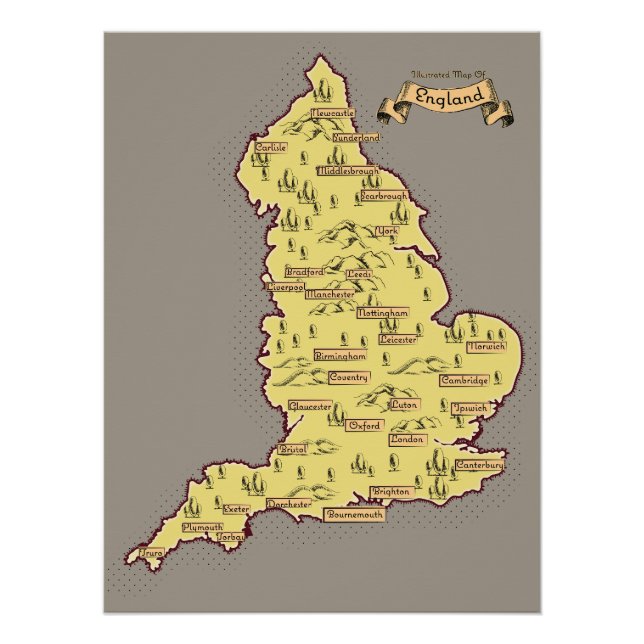 Pôster Mapa ilustrado de viagem da Inglaterra (Frente)