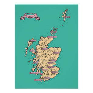 Pôster Mapa ilustrado de viagens da Escócia (Versão Verde