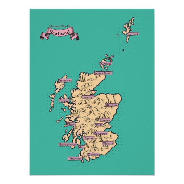 Pôster Mapa ilustrado de viagens da Escócia (Versão Verde (Frente)