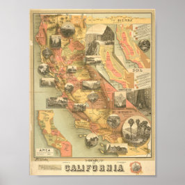 Poster Mapa Ilustrado de Vintage na Califórnia
